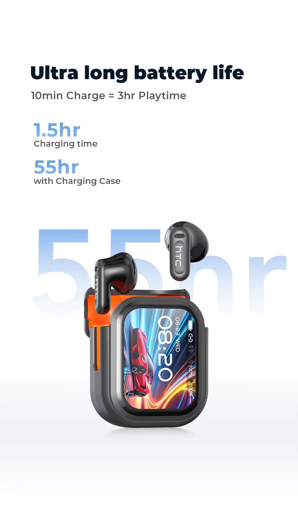 HD Screen Wireless Earphones Bluetooth Music Earbuds HTC NE68 150 Languages 30 Hour Battery Life Clear Audio Comfortable Wearing