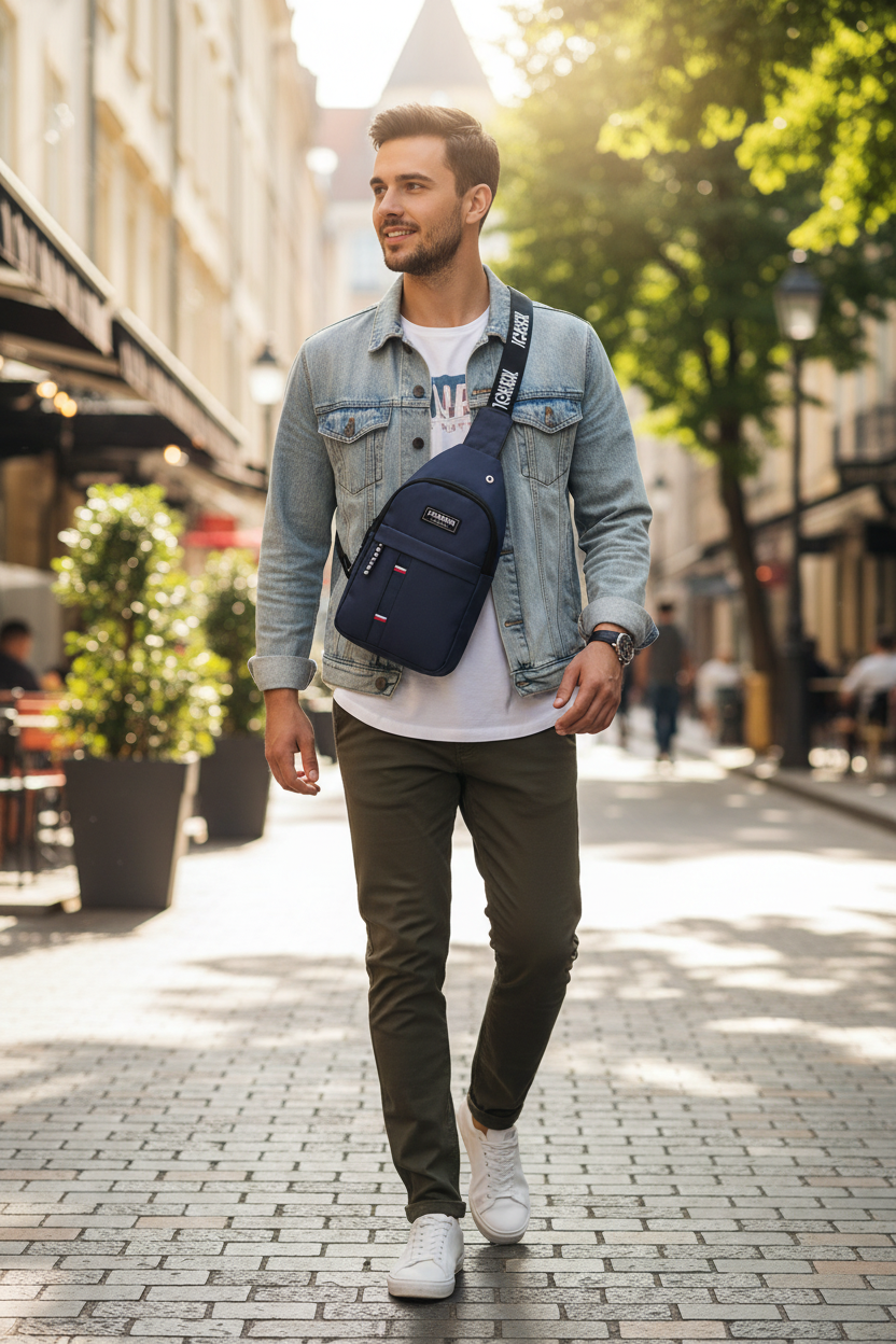 Navy crossbody sling bag on a walking person