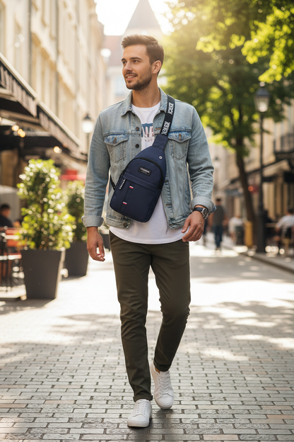 Navy crossbody sling bag on a walking person